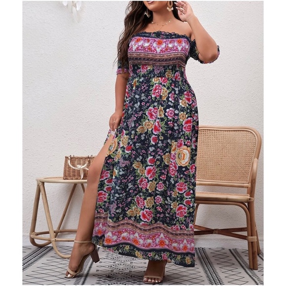 Boho Plus Floral Print Off Shoulder Maxi Dress - Picture 6 of 8